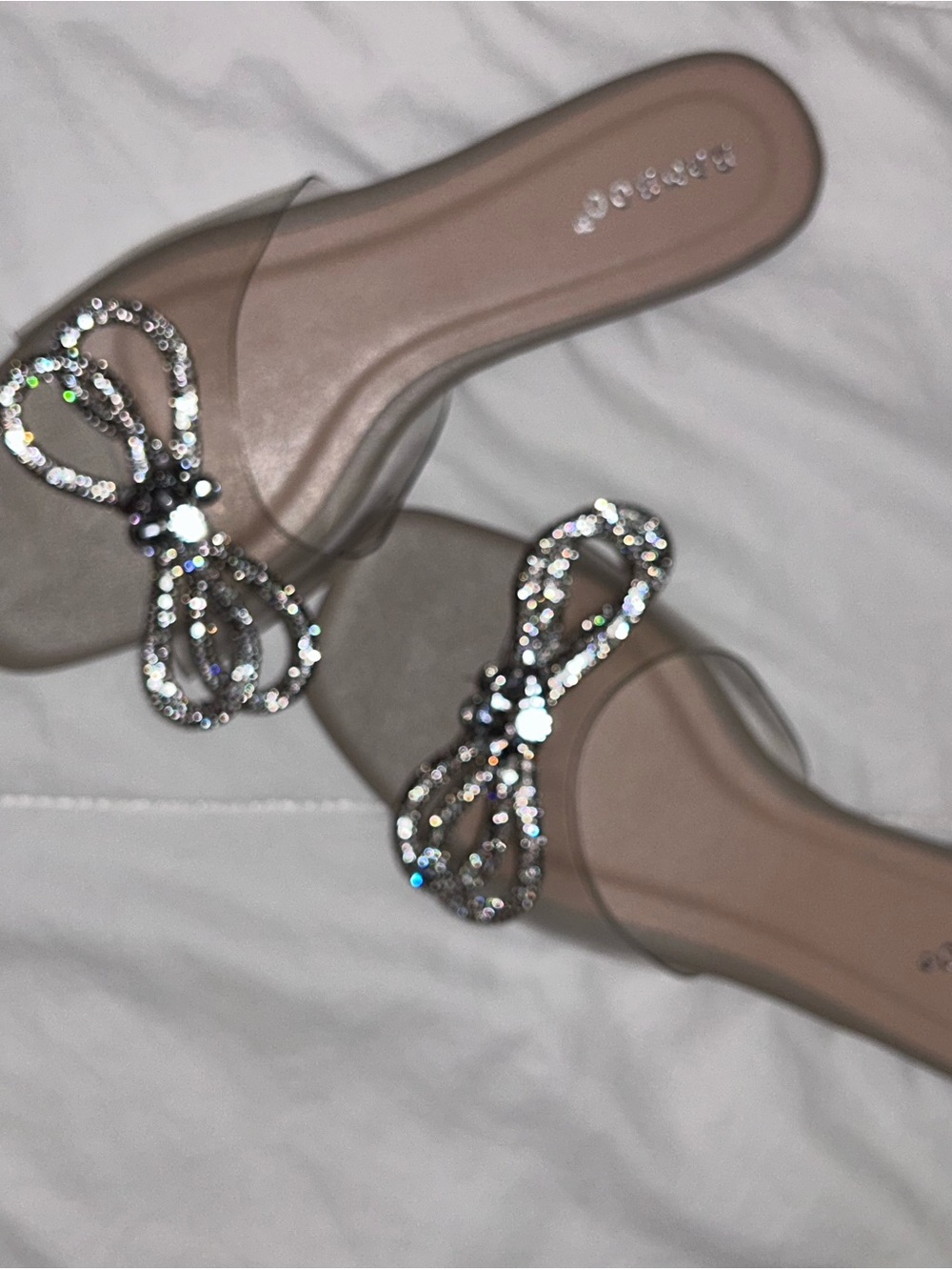 BAMBOO Clear Slide Sandals with Crystal Bow - Nude